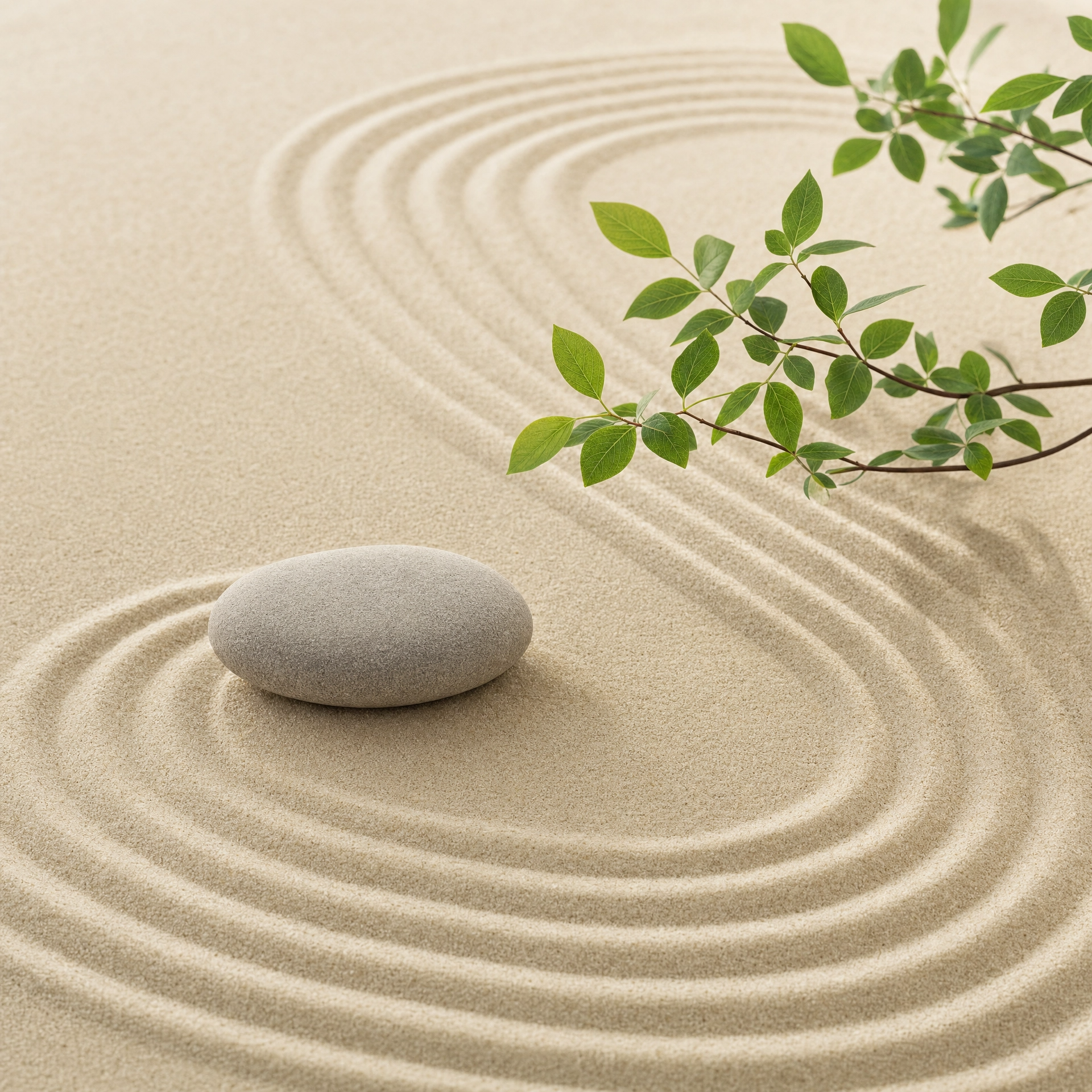 Minimalist stone with olive leaf on green background